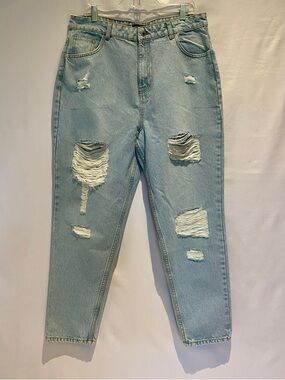 PrettyLittleThing Light Blue Distressed Wash Mom Jeans, size 12, NWT